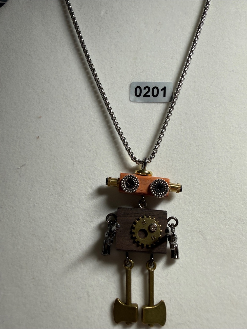 Steampunk Robot Pendant Necklace with Brown & Gold Accents